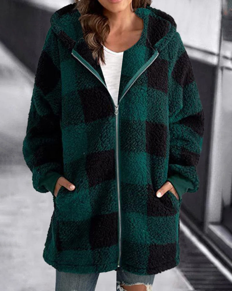 Hoodie Plaid Loose Overcoat Dark Green Outerwear - Tophatter Daily Deals