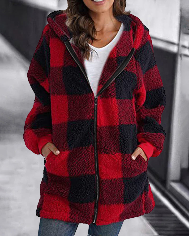 Hoodie Plaid Loose Overcoat Red Outerwear - Tophatter Daily Deals
