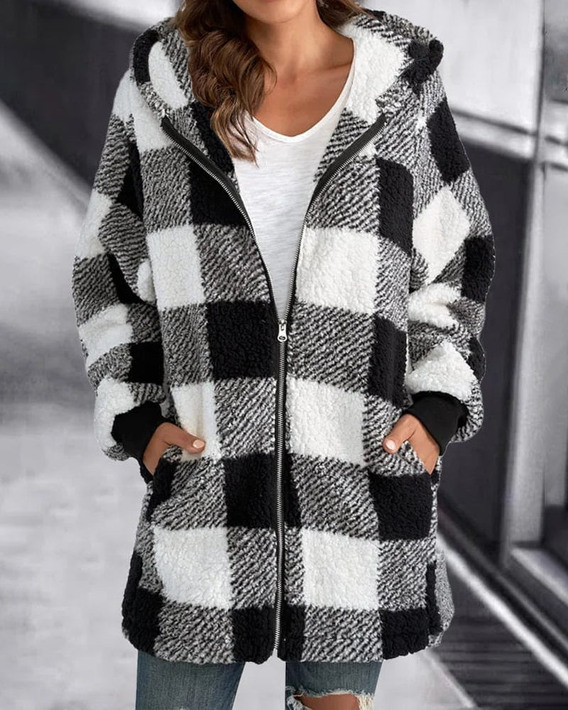 Hoodie Plaid Loose Overcoat White Outerwear - Tophatter Daily Deals