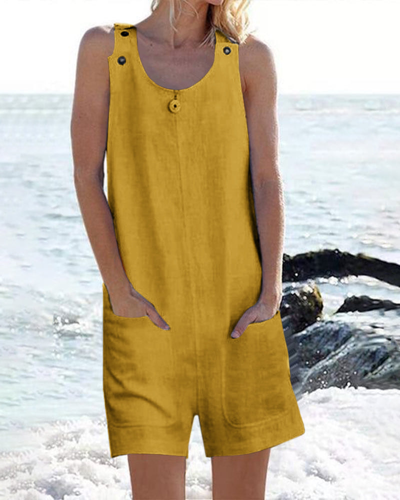 Pocket Buttons Shorts Jumpsuit Yellow Jumpsuits & Rompers - Tophatter Daily Deals