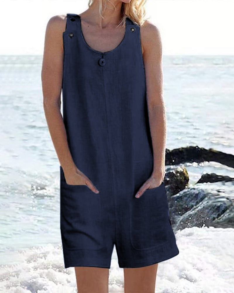 Pocket Buttons Shorts Jumpsuit Dark Blue Jumpsuits & Rompers - Tophatter Daily Deals