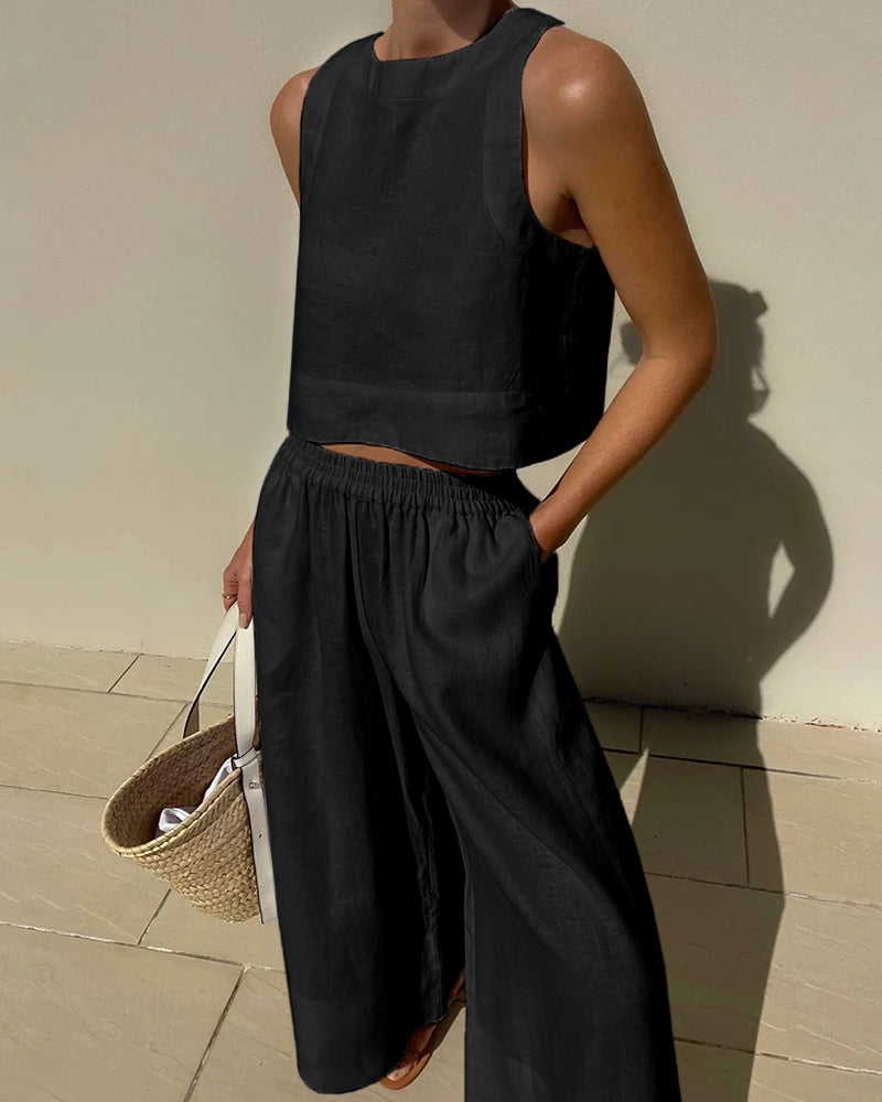 Crop Tops Wide Leg Pants Set Black Two Pieces Sets - Tophatter Daily Deals