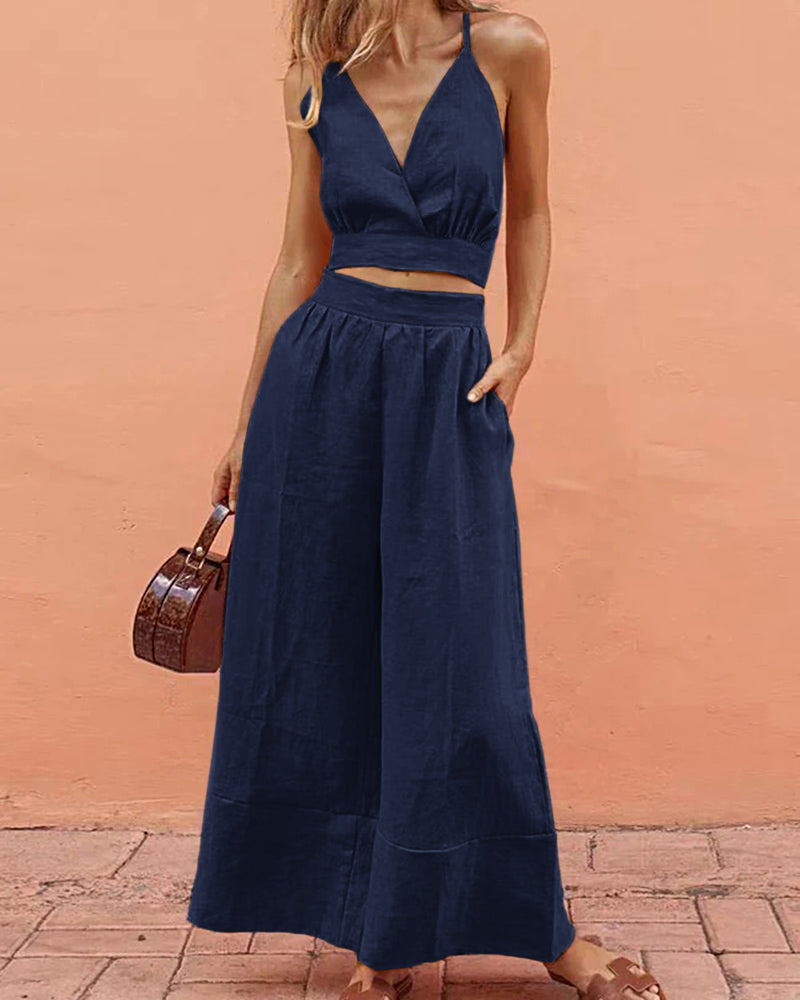 Lace-up Crop Tank Long Pants Sets Blue Two Pieces Sets - Tophatter Daily Deals