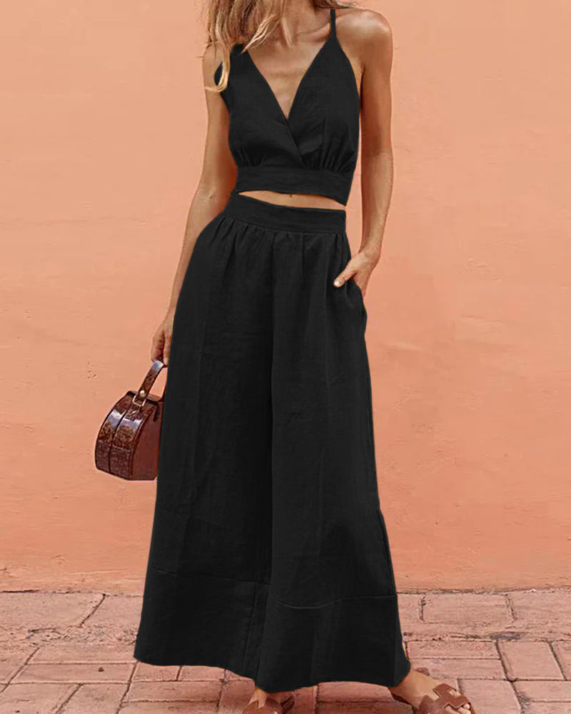 Lace-up Crop Tank Long Pants Sets Black Two Pieces Sets - Tophatter Daily Deals