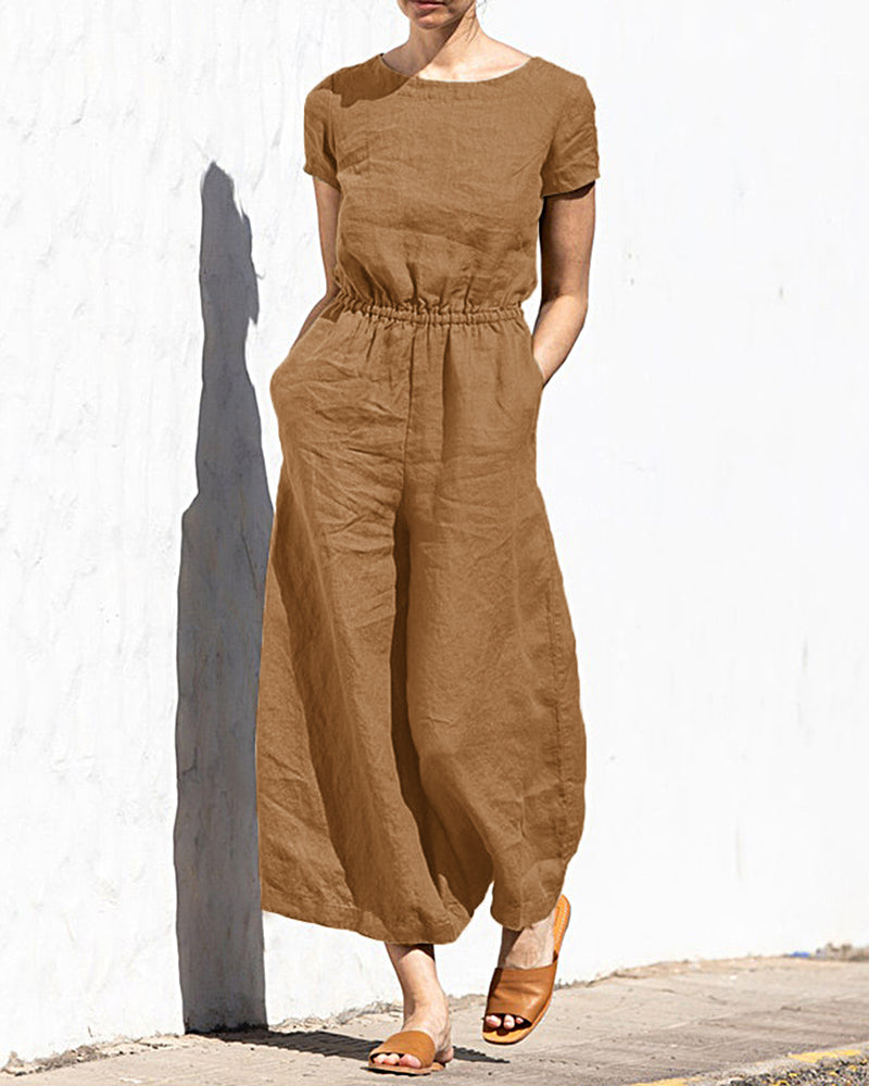 Cotton Linen Wide Leg Jumpsuit Brown Jumpsuits & Rompers - Tophatter Daily Deals