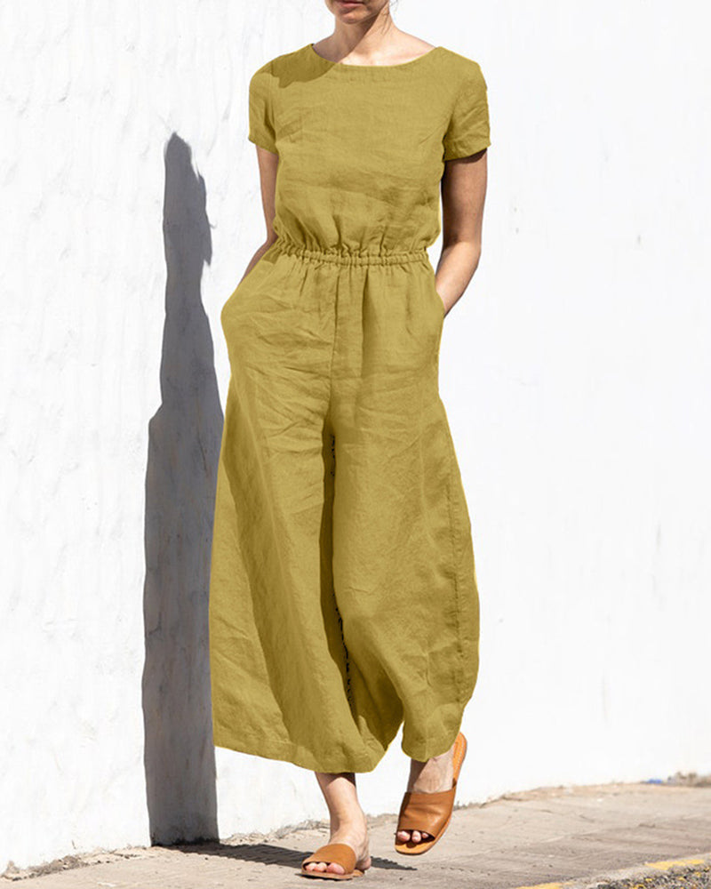 Cotton Linen Wide Leg Jumpsuit Yellow Jumpsuits & Rompers - Tophatter Daily Deals