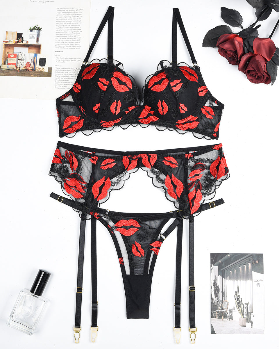 Embroidery Print Set with Garter Belts Lip Avidlove-Bra Sets - Tophatter Daily Deals