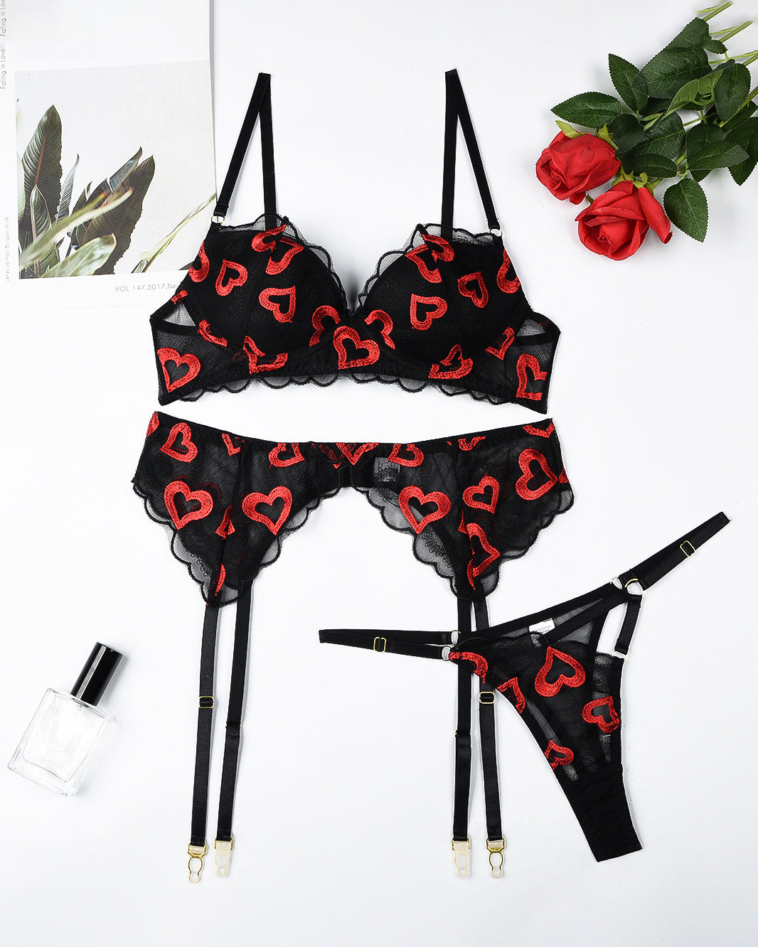 Embroidery Print Set with Garter Belts Heart Avidlove-Bra Sets - Tophatter Daily Deals