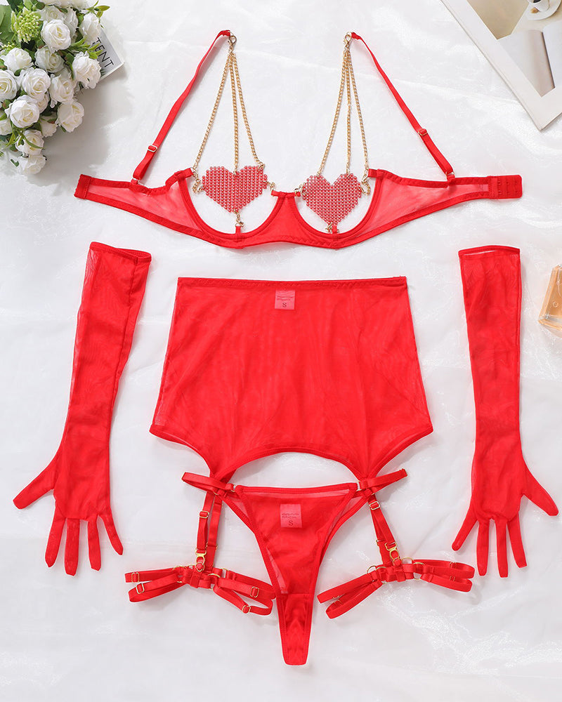 Love Heart Chain Mesh 5PCS Lingerie Set Avidlove-Bra Sets - Tophatter Daily Deals