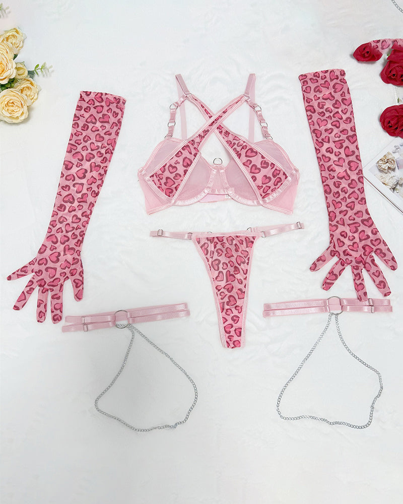 Leopard Heart Lingerie Set with Garter Gloves Avidlove-Bra Sets - Tophatter Daily Deals