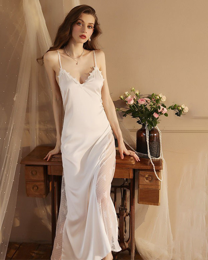 Satin Patchwork Side Lace Nightdress White Avidlove-Nightgown - Tophatter Daily Deals