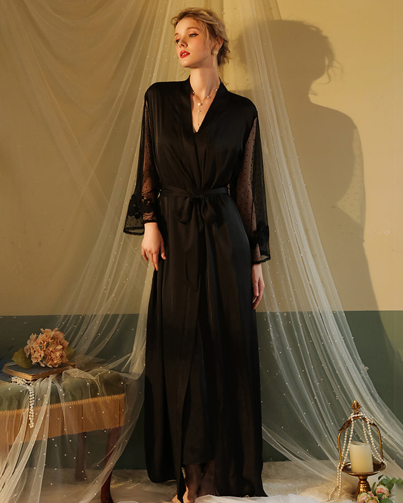 Satin Lace Long Sleeve Night Robe Black Avidlove-Robes - Tophatter Daily Deals