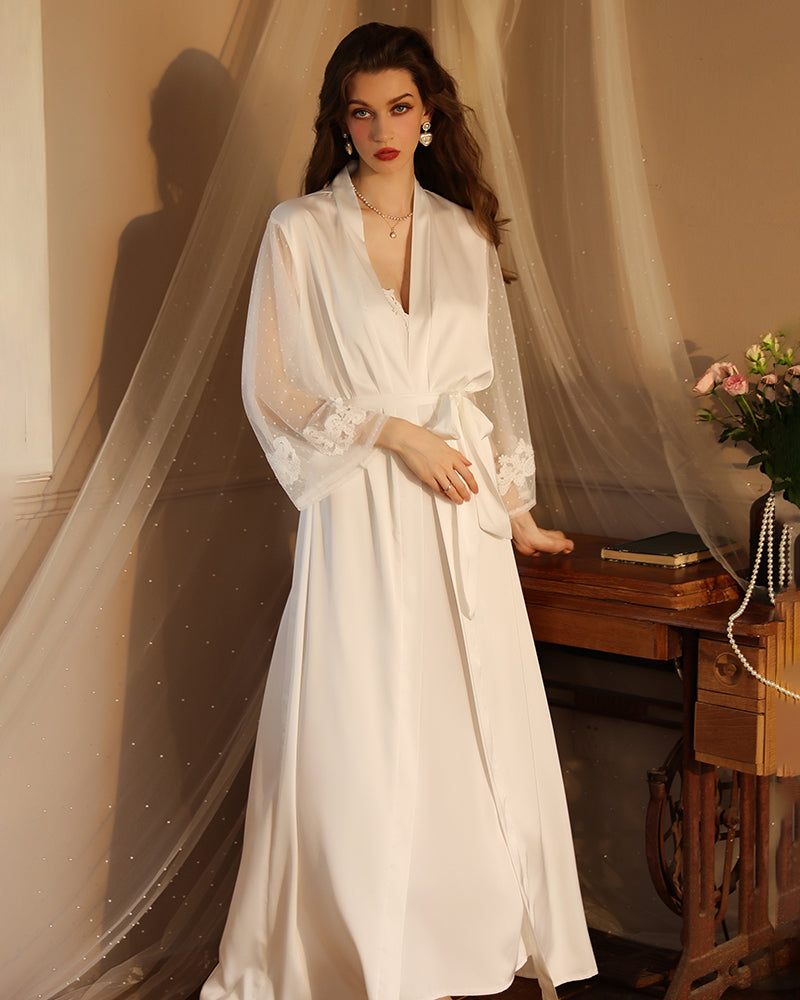 Satin Lace Long Sleeve Night Robe White Avidlove-Robes - Tophatter Daily Deals