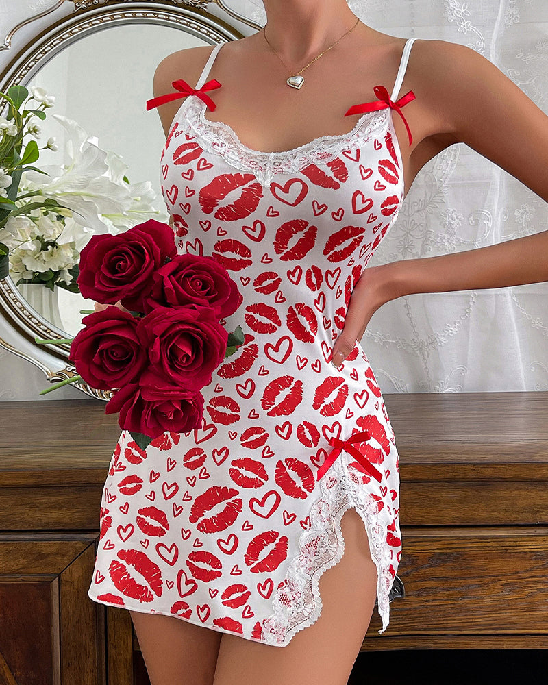 Lip Heart Print Lace Trim Chemise Avidlove-Chemises - Tophatter Daily Deals