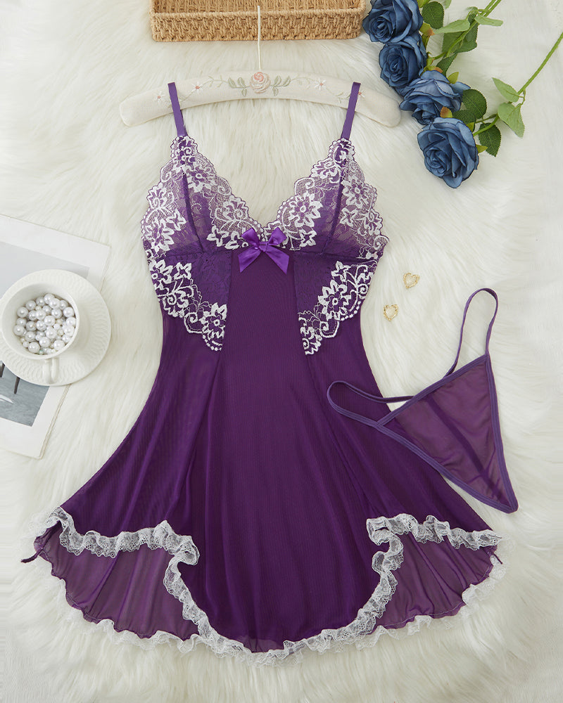 Contrast Lace Asymmetric Babydoll Purple Avidlove-Babydolls - Tophatter Daily Deals
