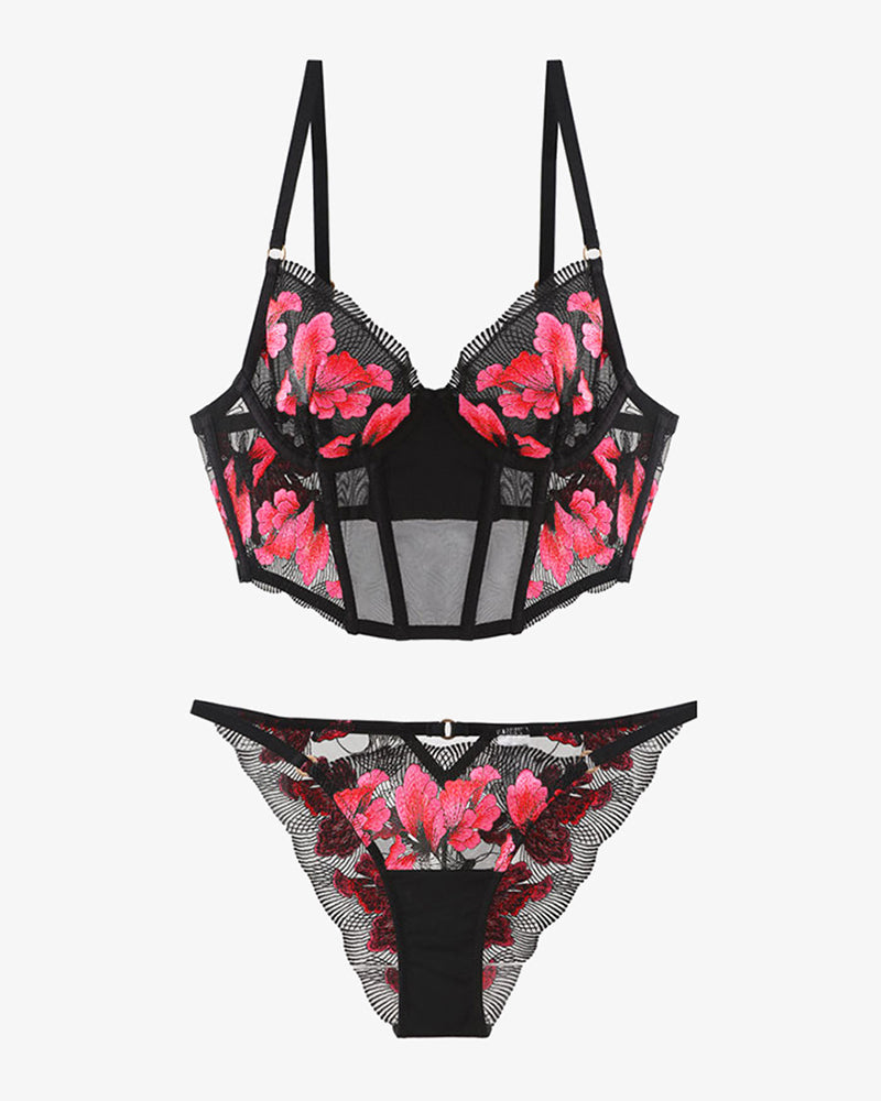 Embroidered Corset Bra and Panty 2 Sets Red Avidlove-Bra Sets - Tophatter Daily Deals