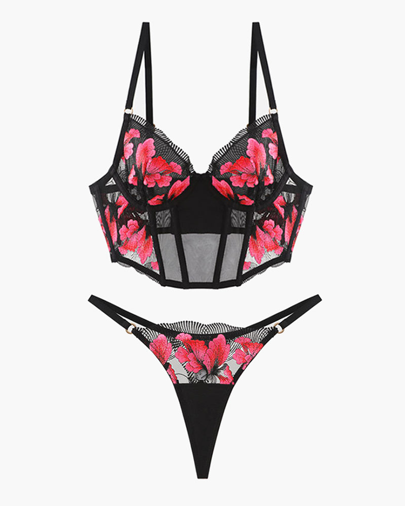Embroidered Corset Bra and Thong 2 Sets Red Avidlove-Bra Sets - Tophatter Daily Deals