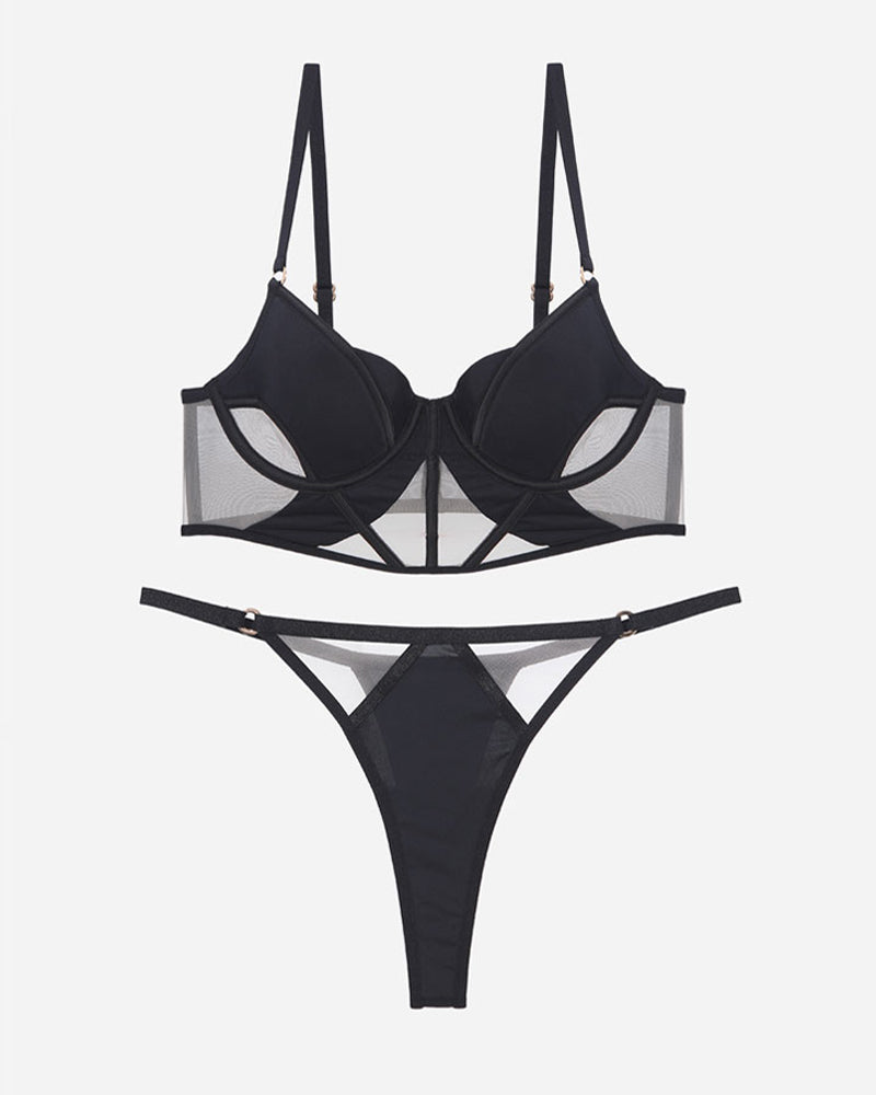Push Up Mesh Hollow Bra and Thong Set Black Avidlove-Bra Sets - Tophatter Daily Deals