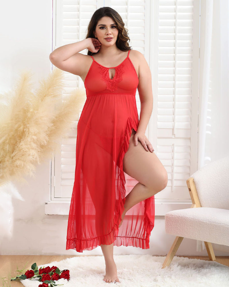 Plus Size Lace Mesh Side Slit Nightgown Avidlove-Plus Size-Nightgown - Tophatter Daily Deals