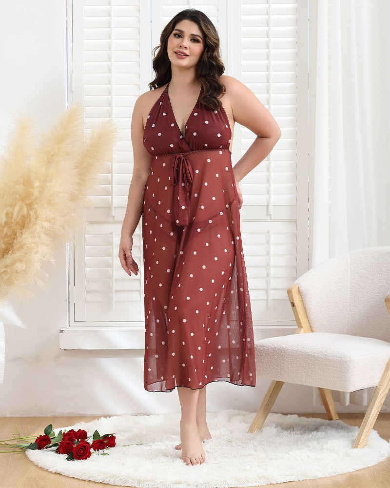Plus Size Bow Tie Polka Dot Long Dress Wine Red Avidlove-Plus Size-Nightgown - Tophatter Daily Deals