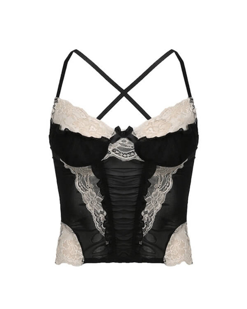 Ruffle Ruched Patchwork Cross Back Crop Top Black Avidlove-Bra - Tophatter Daily Deals