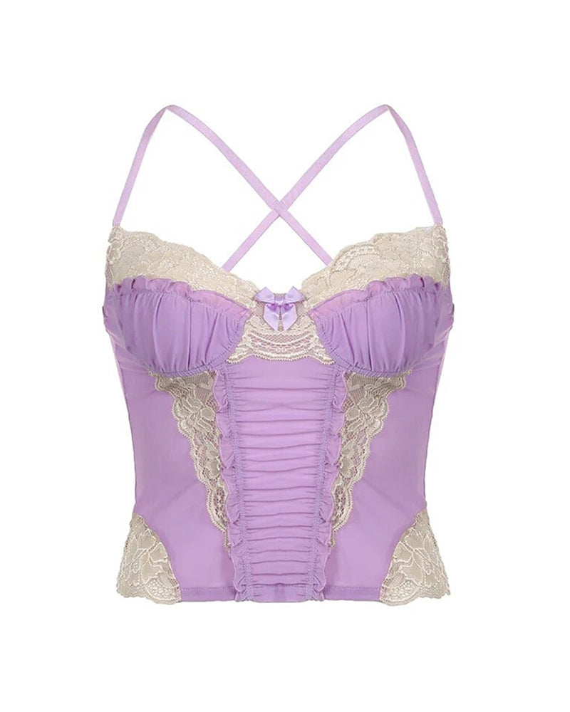 Ruffle Ruched Patchwork Cross Back Crop Top Purple Avidlove-Bra - Tophatter Daily Deals