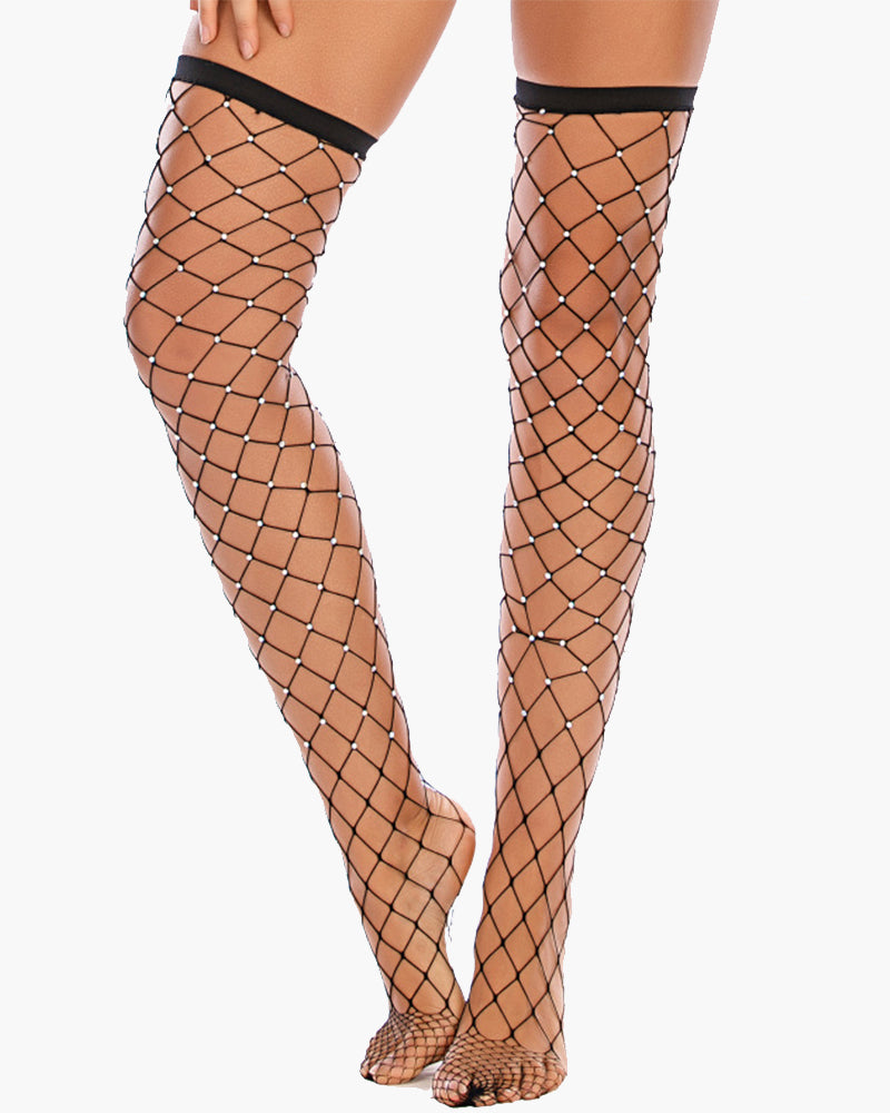 Rhinestone Fishnet Knee High Stockings Black One Size Avidlove-Accessory - Tophatter Daily Deals