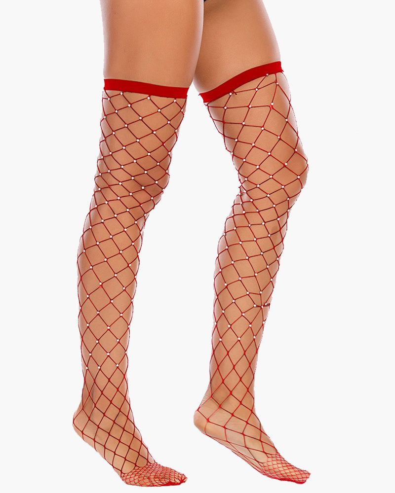 Rhinestone Fishnet Knee High Stockings Red One Size Avidlove-Accessory - Tophatter Daily Deals