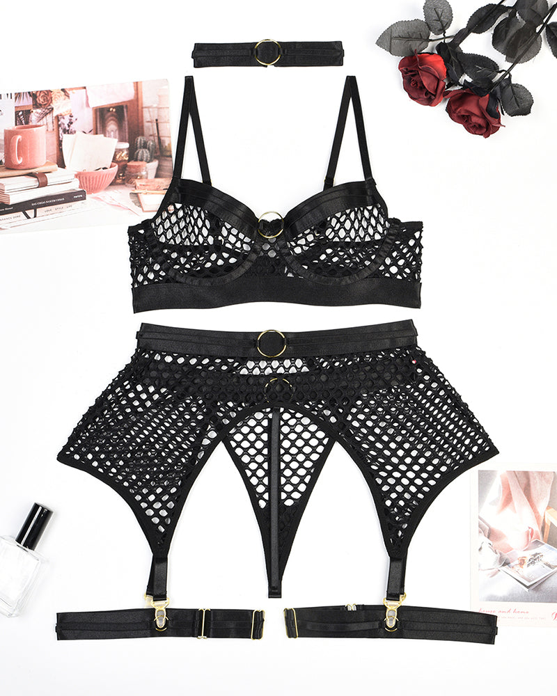 Fishnet Mesh Bra & Panty with Garter Belt Avidlove-Bra Sets - Tophatter Daily Deals