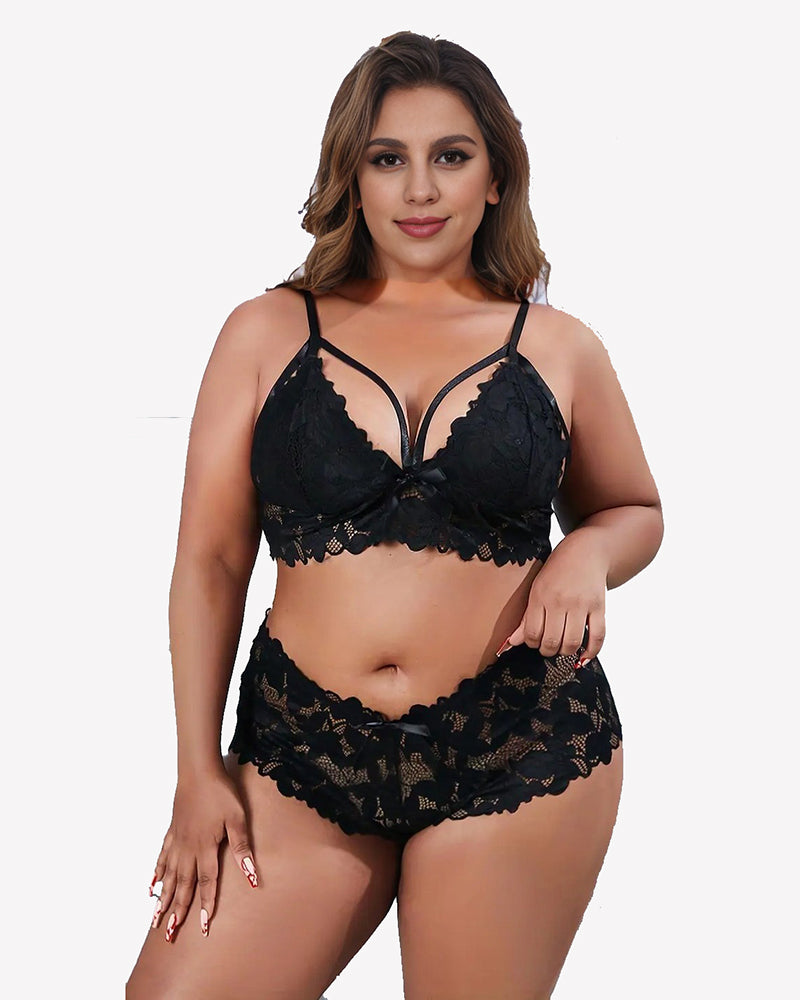 【3XL-5XL】Floral Appliques Bow Knot Lace Bra & Panty Set Black Avidlove-Plus Size-Bra Sets - Tophatter Daily Deals