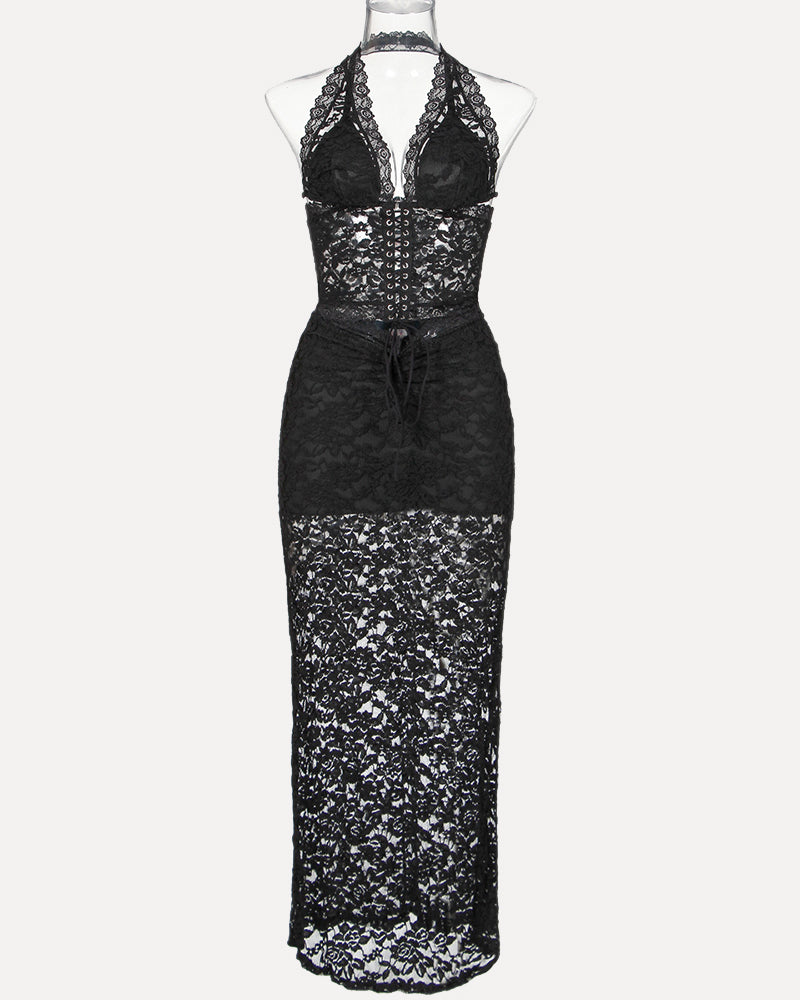 Plunge Neck Halter Lace Two-piece Set Avidlove-Skirt Set - Tophatter Daily Deals