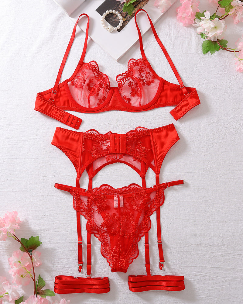 Embroidery Lace Garter Lingerie Set Red Avidlove-Bra Sets - Tophatter Daily Deals