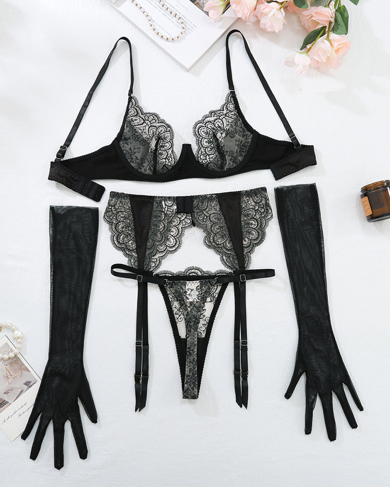 Embroidery Lace Garter Belt Lingerie Set Black Avidlove-Bra Sets - Tophatter Daily Deals