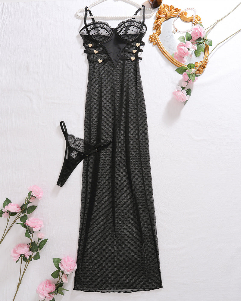 Sheer Heart Polka Dot Lace Long Dress Avidlove-Nightgown - Tophatter Daily Deals