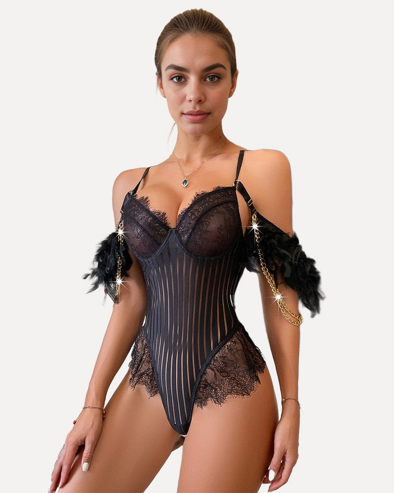 Chain Feather Eyelash Lace Bodysuit Avidlove-Bodysuits - Tophatter Daily Deals
