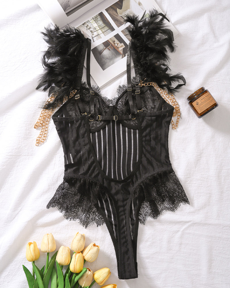 Chain Feather Eyelash Lace Bodysuit Avidlove-Bodysuits - Tophatter Daily Deals
