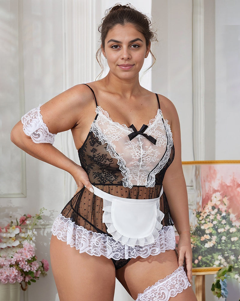【XL】Plus Size Sheer Lace Patchwork Maid Set Black XL Avidlove-Plus Size-Corset - Tophatter Daily Deals