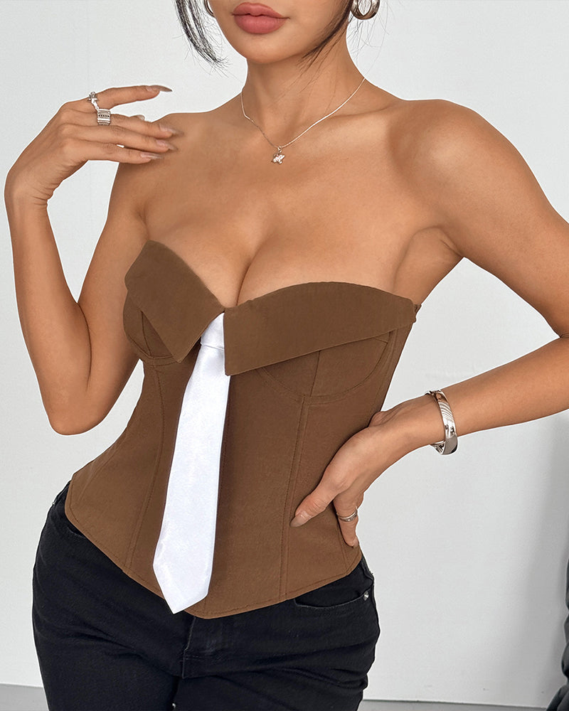 Strapless Tie Corset Top Steel Boned Bustier Brown Avidlove-Bustiers - Tophatter Daily Deals