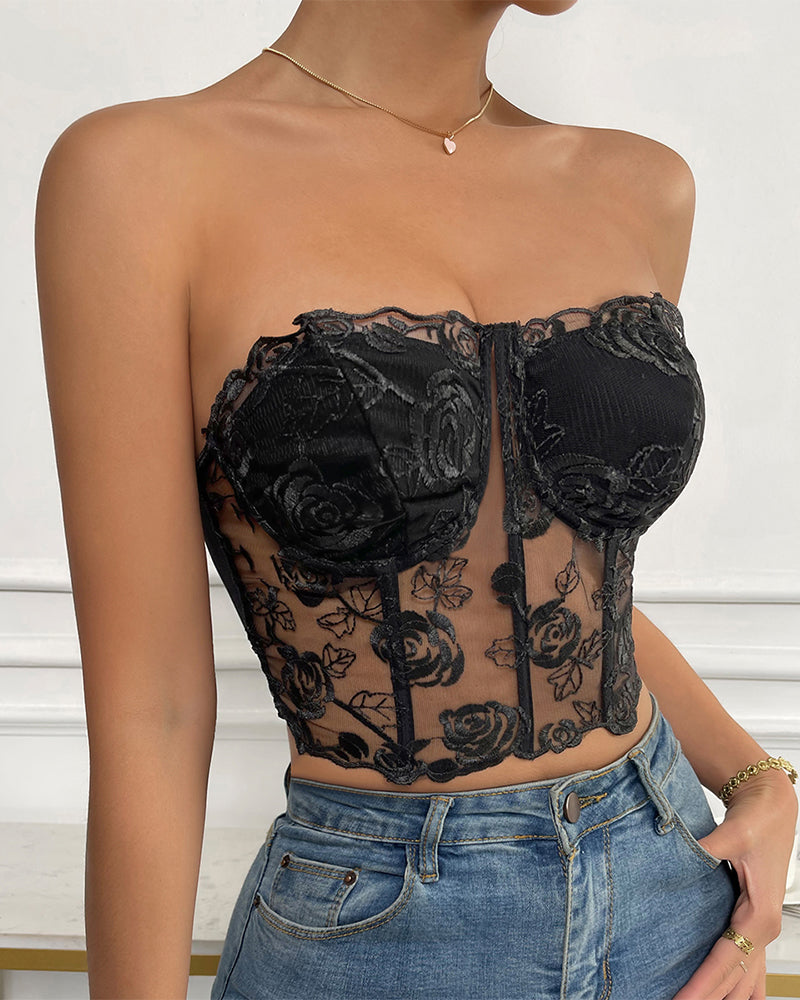 Floral Strapless Tube Top Boned Mesh Bustier Avidlove-Bustiers - Tophatter Daily Deals
