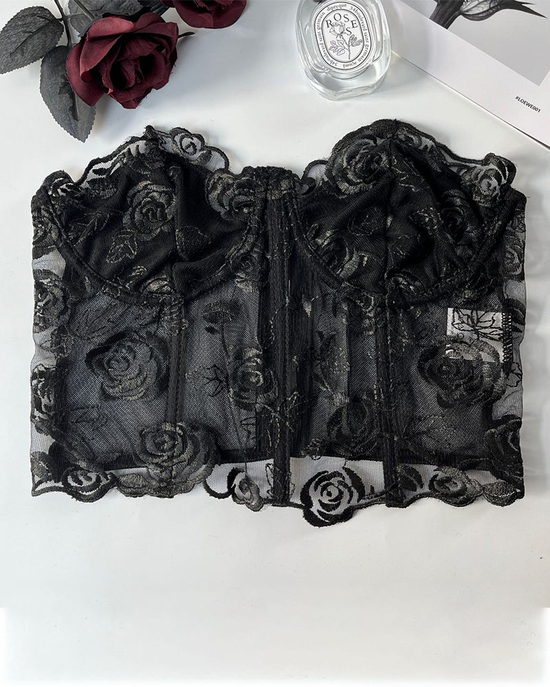 Floral Strapless Tube Top Boned Mesh Bustier Avidlove-Bustiers - Tophatter Daily Deals