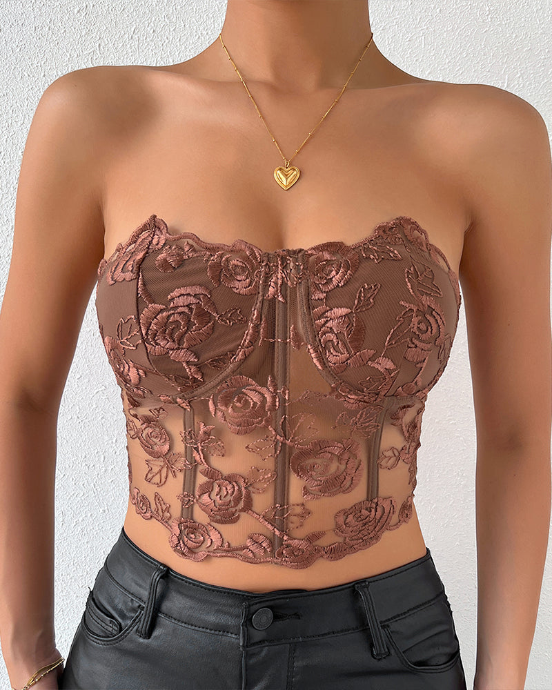 Floral Strapless Tube Top Boned Mesh Bustier Brown Avidlove-Bustiers - Tophatter Daily Deals