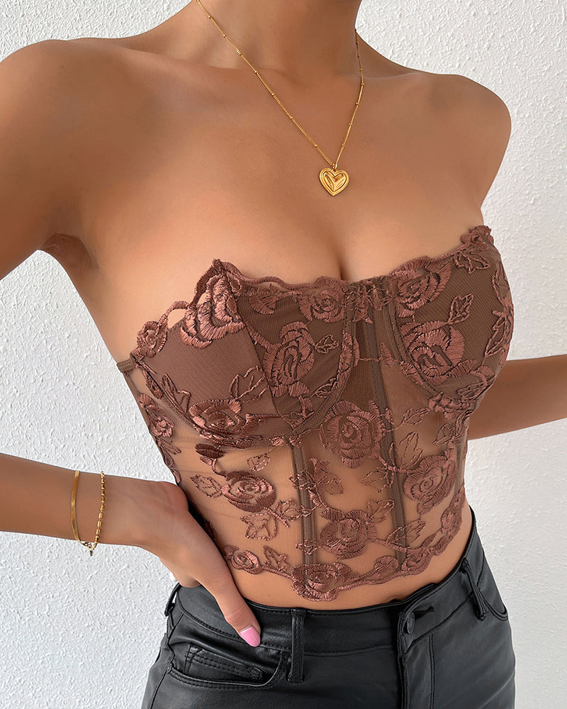 Floral Strapless Tube Top Boned Mesh Bustier Avidlove-Bustiers - Tophatter Daily Deals