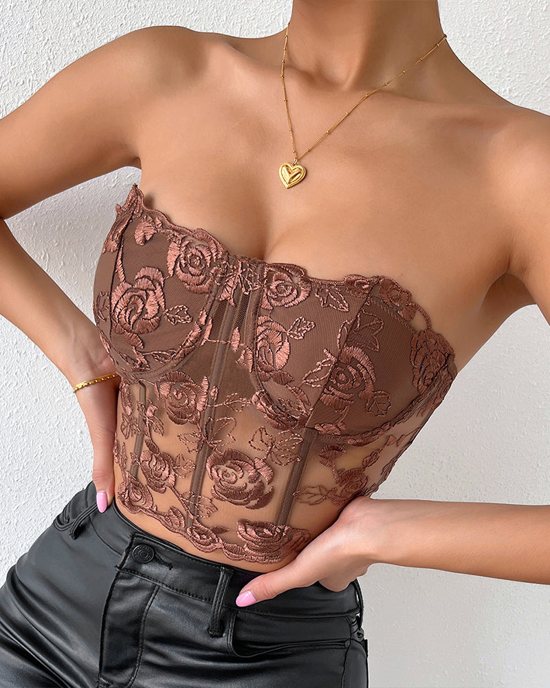 Floral Strapless Tube Top Boned Mesh Bustier Avidlove-Bustiers - Tophatter Daily Deals