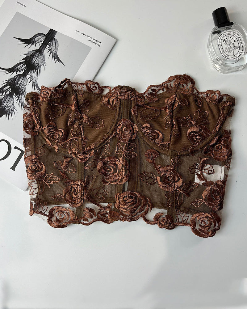 Floral Strapless Tube Top Boned Mesh Bustier Avidlove-Bustiers - Tophatter Daily Deals