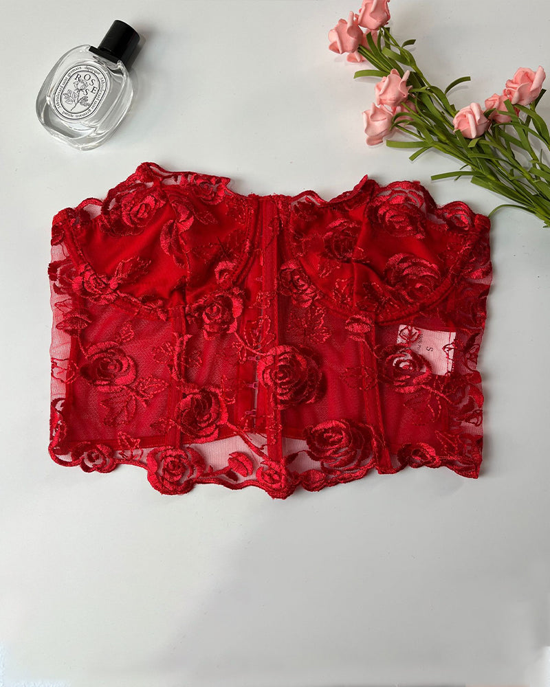Floral Strapless Tube Top Boned Mesh Bustier Avidlove-Bustiers - Tophatter Daily Deals