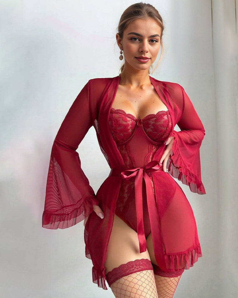2 Piece Set Lace Kimono Robe with Teddy Wine Red Avidlove-Bodysuits - Tophatter Daily Deals