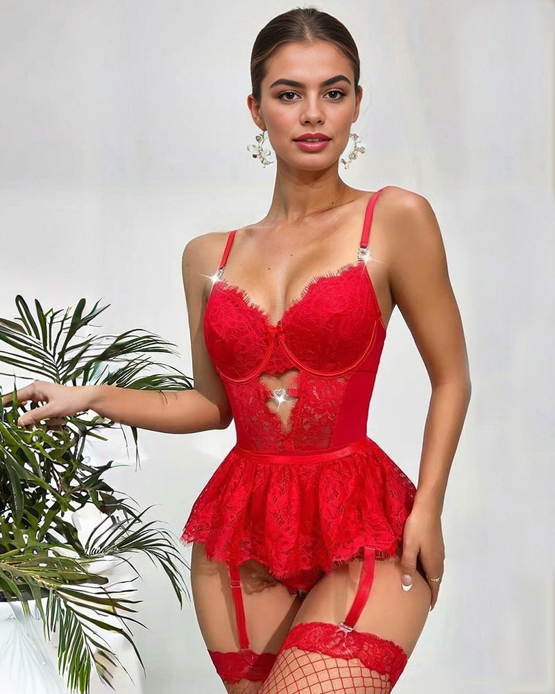 Lace Hollow Out Bodysuit Mini Skirt with Garter Red Avidlove-Bodysuits - Tophatter Daily Deals