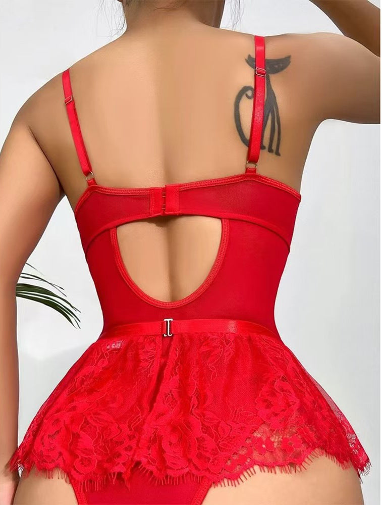 Lace Hollow Out Bodysuit Mini Skirt with Garter Avidlove-Bodysuits - Tophatter Daily Deals