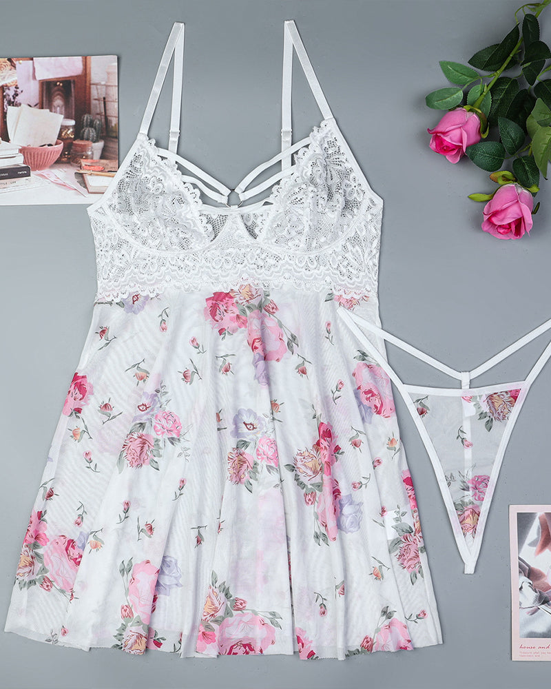 Floral Lingerie Set Cut Out Strappy Babydoll Avidlove-Babydolls - Tophatter Daily Deals