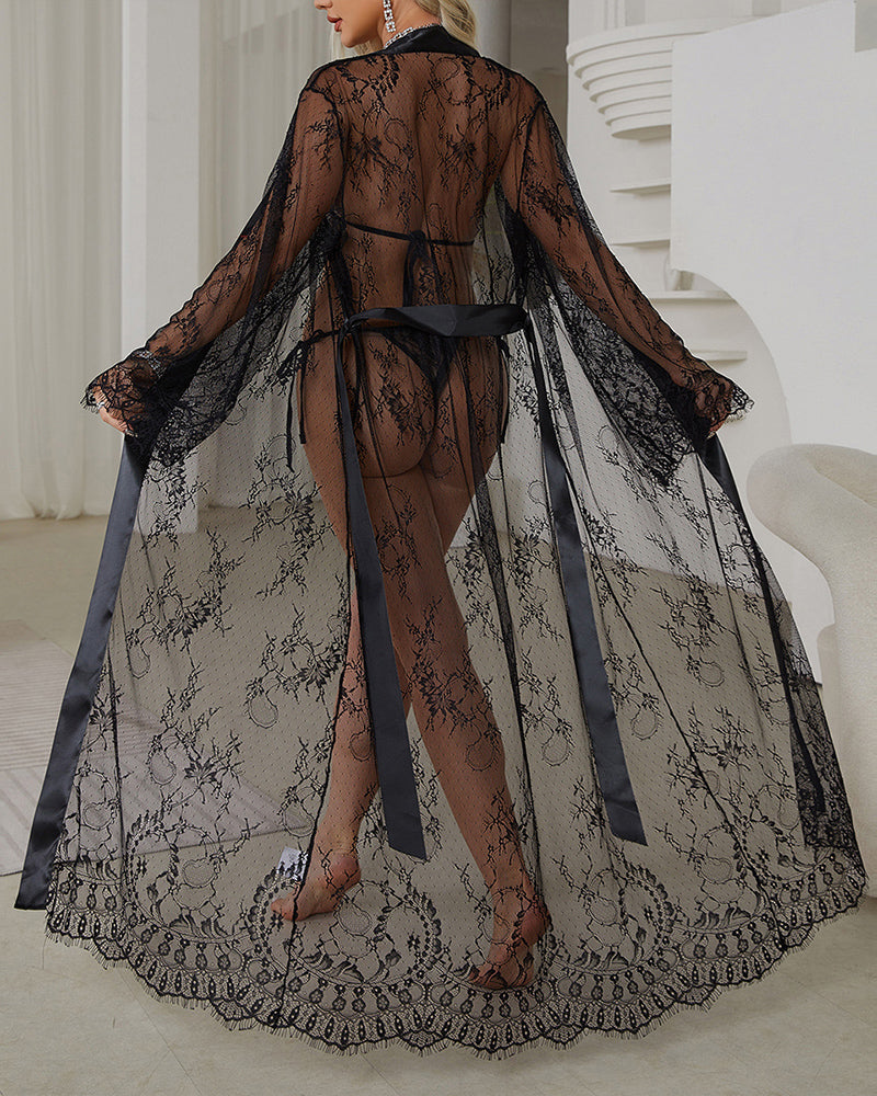 Sheer Lace Satin Robe Dress With Belt Avidlove-Nightgown - Tophatter Daily Deals